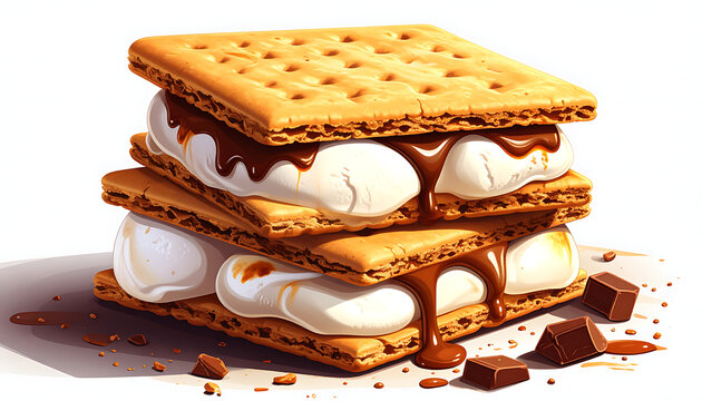 stacked s'mores with melted marshmallows and chocolate, graham crackers, dessert, sweet treat, outdoor food, campfire snack, delicious indulgence