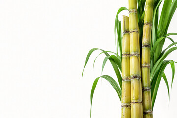 Fototapeta premium Fresh sugarcane stalks with green leaves isolated on white background. Raw sugar cane stems, tropical agriculture plant for food industry. High-quality studio shot with copy space on left.