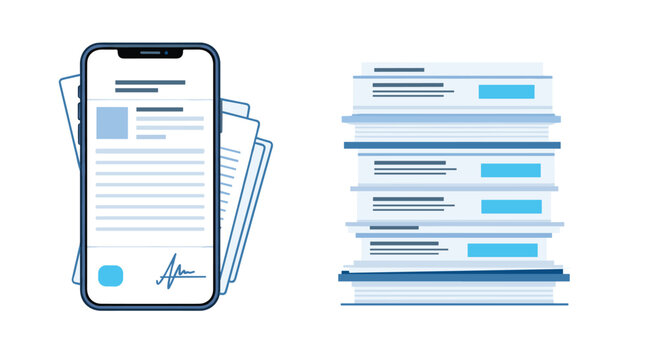 Modern smartphone showing a digital signature on a document next to a tall stack of papers representing office digitization and paperwork.