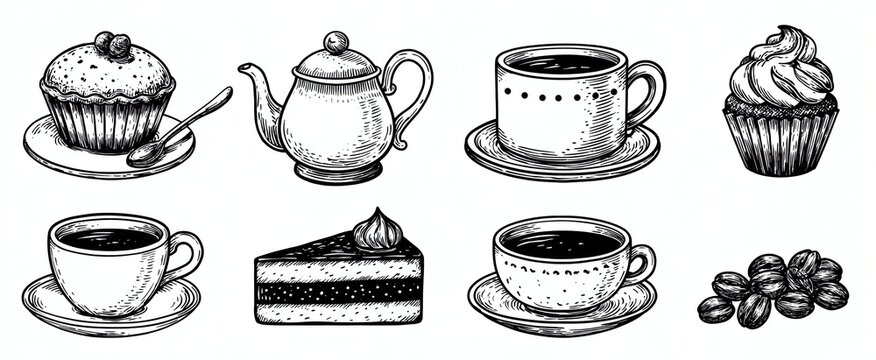 Hand-drawn icons of desserts from a coffee shop in this sketch collection