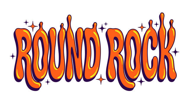 Round Rock psychedelic melted font text design vector illustration