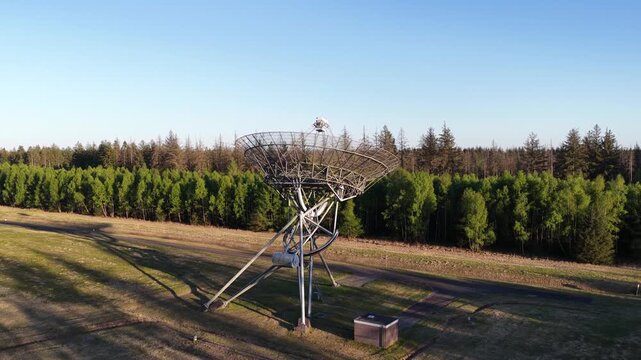Aerial view orbiting around radio telescope antenna array