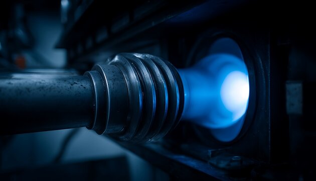 Close-animated movie industrial view of a metal pipe with a ribbed section emitting a bright blue light from its opening, suggesting heat or energy