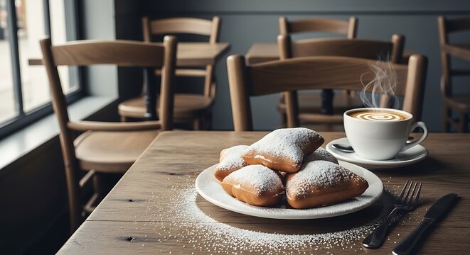 Fresh sweet beignets with powdered sugar and a cup of hot coffee on a wooden table in a cozy cafe. cafe du monde