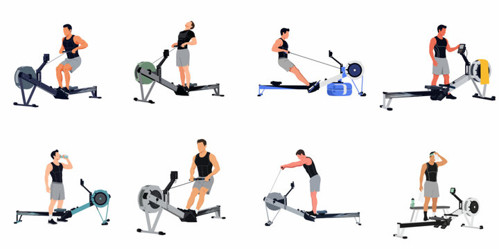 Flat Vector Illustration Set of a Man Exercising on a Rowing Machine in Different Poses and Stages of a Workout