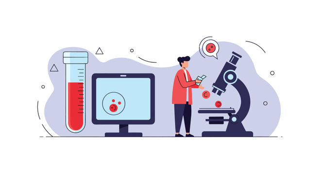 Professional researcher conducting blood analysis in a laboratory using a microscope and computer for accurate results.