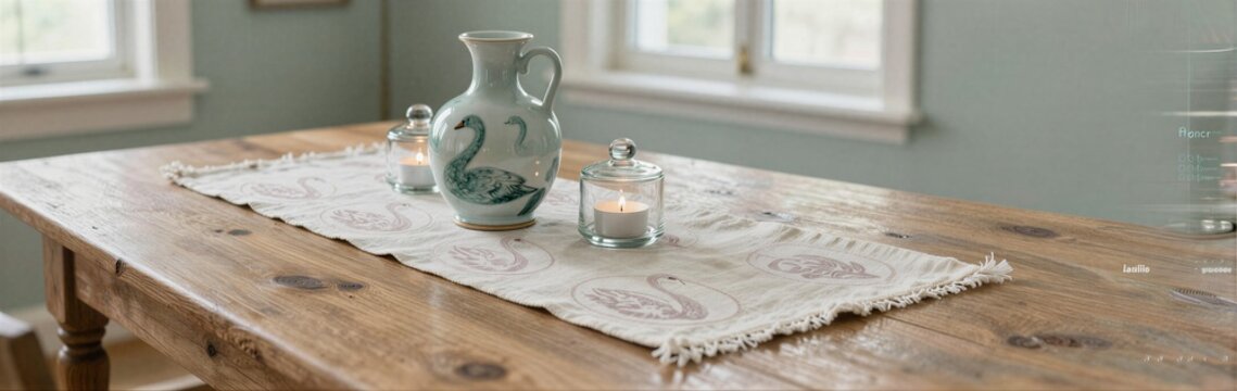 Ceramic jug and candles placed on runner atop wooden table