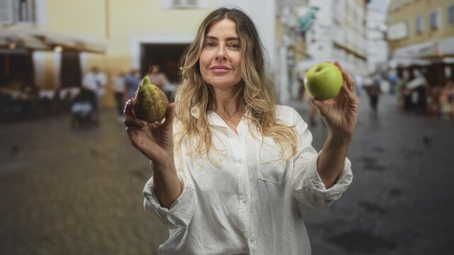 Middle aged hispanic woman holds pear and green apple in hands on cobblestone street market, smiling while presenting fruit; choice balance serenity.