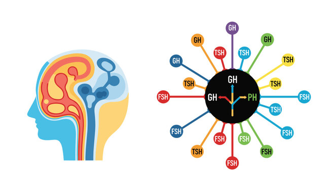 Human brain next to a diagram showing various hormone types like GH and FSH regulating the endocrine system functions.