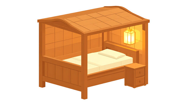 Pixel art wooden canopy bed with mattress and bedside table, warm glowing lamp, cozy bedroom interior, retro game asset