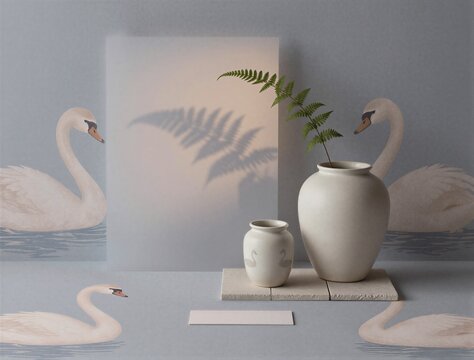 Two ceramic vases displayed with fern and swan backdrop