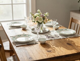 Fototapeta premium Rustic dining table set for meal with floral centerpiece