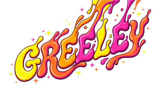 Greeley text typography with vibrant liquid paint drips and stars