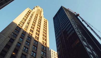 Fototapeta premium Cinematic low-angle upward tilt shot of a modern financial district skyline against