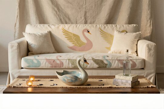 Sofa with swan upholstery and decorative swan sculpture in living room
