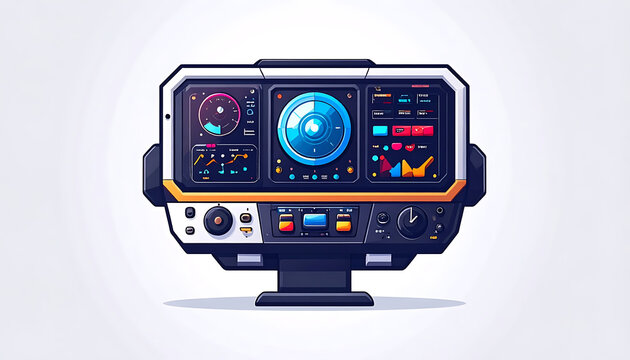 Retro pixel art spaceship cockpit control panel with glowing gauges and readouts, futuristic interface, sci-fi technology display