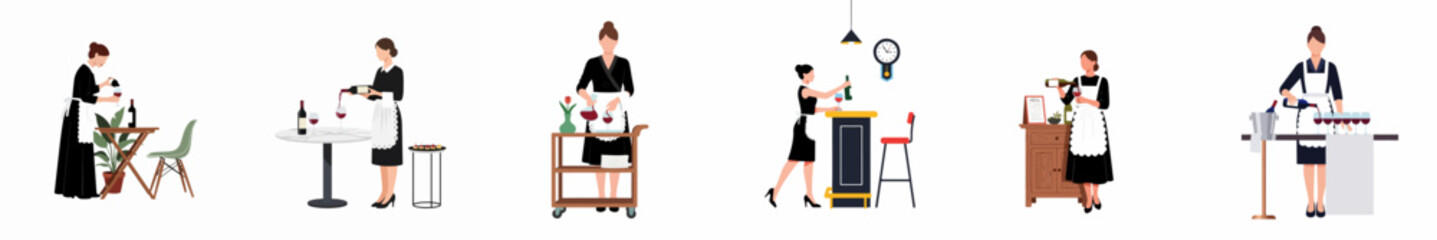 Obraz premium Set of professional waitresses and sommeliers in black uniforms serving red wine at various restaurant settings in a flat vector illustration style.