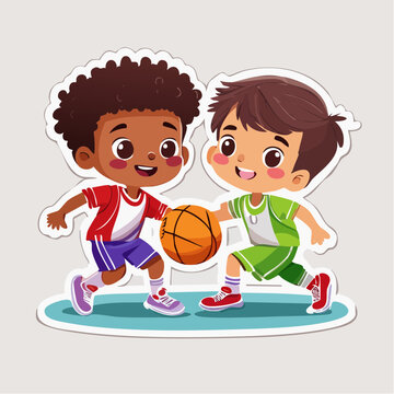 Two cartoon children playing basketball