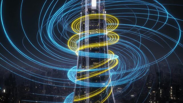 Energy Nexus Tower with Spiraling Data Flow Lines. Metaverse Cityscape & Digital Worlds. A colossal energy nexus tower at the heart of the city. Blue and yellow data flow lines spiral.

