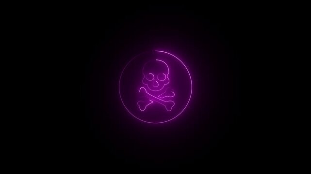 Skull Crossbones neon sign appear in center and disappear after some time, Animated blue neon icon on black background. Looped animation 4k video