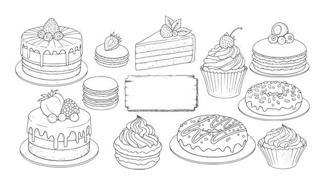 Hand drawn collection of cakes cupcakes macarons and donuts strawberry
