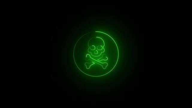 Skull Crossbones neon sign appear in center and disappear after some time, Animated blue neon icon on black background. Looped animation 4k video