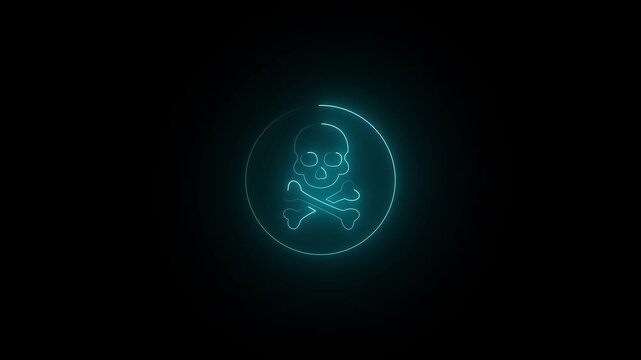 Skull Crossbones neon sign appear in center and disappear after some time, Animated blue neon icon on black background. Looped animation 4k video