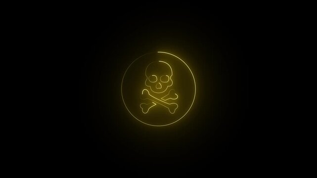 Skull Crossbones neon sign appear in center and disappear after some time, Animated blue neon icon on black background. Looped animation 4k video