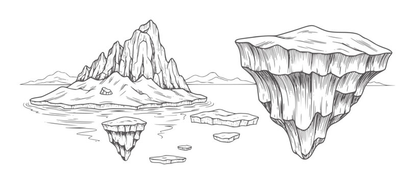 Hand drawn of floating icebergs in calm water with distant mountains ocean