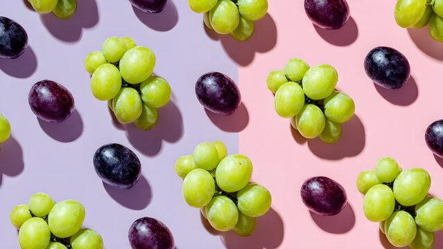 Creative arrangement of green and purple grapes on pastel pink background, perfect for modern food and summer design concepts.