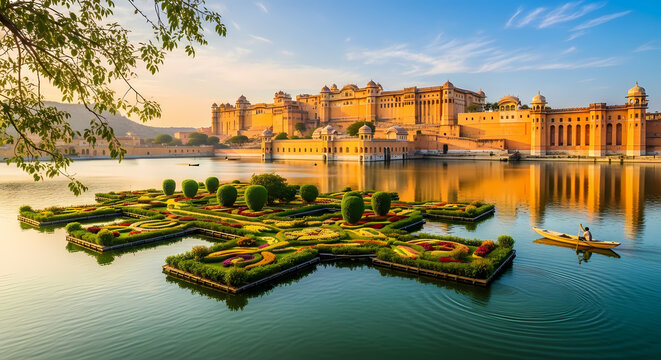 Amer Fort and Maota Lake reflecting in Jaipur India.