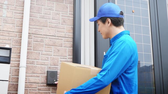 インターホンを鳴らす若い配達員　ライフスタイルイメージ
