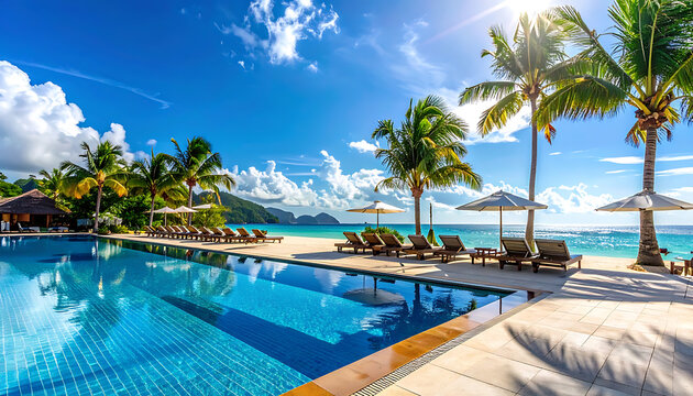 Tropical beach resort with infinity pool, palm trees, lounge chairs, and ocean view, sunny day with blue sky and white clouds
