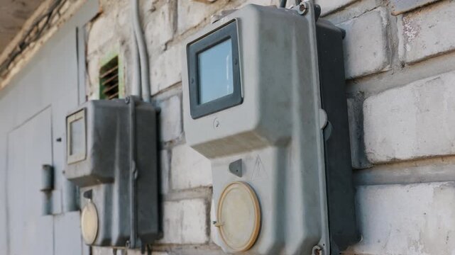 Gray electrical power meters are securely mounted along a white exterior brick wall. Thick wires enter the tops of the weathered utility casings to monitor building energy consumption.