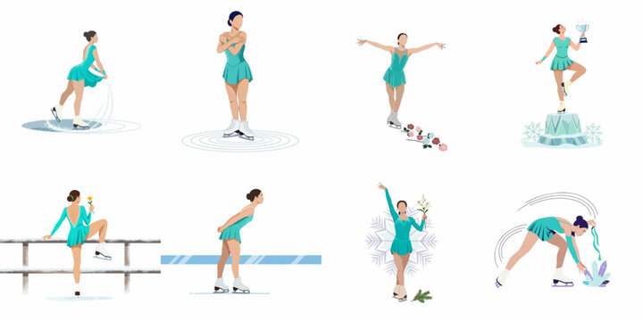 Vector illustration collection of a female figure skater in various poses, including spinning, performing, and winning a trophy on the ice.