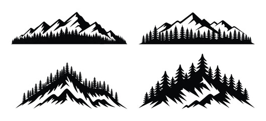 Mountain and Pine Forest Silhouette Set – Black and White Nature Landscape Vector Collection © Toufik