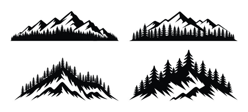 Mountain and Pine Forest Silhouette Set &ndash; Black and White Nature Landscape Vector Collection