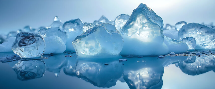 Jagged ice fragments rest on still water creating beautiful natural patterns.