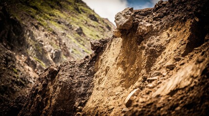 Fototapeta premium Massive Landslide Scar Revealing Earth and Rock Layers on a Steep Hillside