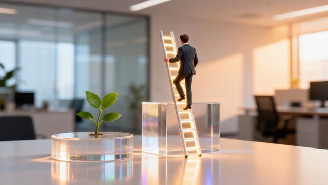 Miniature figure climbing ladder in office