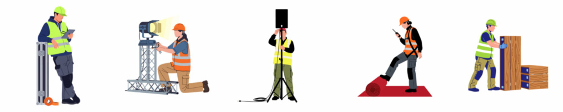 Set of event technicians and production crew in high-visibility gear setting up lighting, sound, staging equipment, and logistics for a professional event.