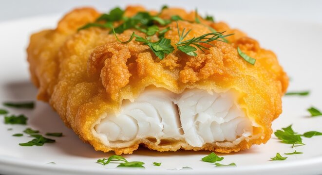 A close-up view of a crispy golden-brown battered cod fillet, showcasing the crunchy texture and tender white fish inside with fresh herbs, crust, breaded, lunch