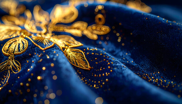 Gold thread embroidery on navy blue velvet with tiny sequins catching light creates a royal aesthetic with rich textures and detail generative AI
