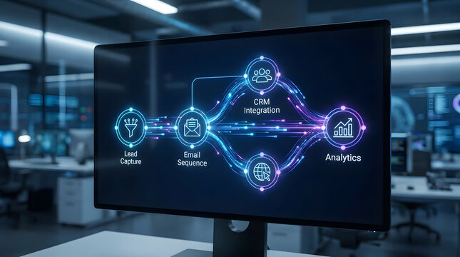 Computer monitor showing business automation workflow with CRM integration, lead capture, email sequence, and analytics in a modern office