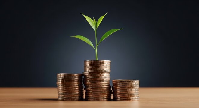 A green sprout emerges from a stack of golden coins symbolizing financial growth and investment opportunities