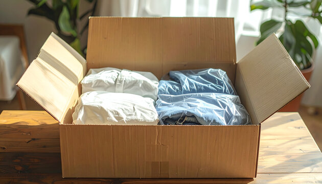 Cardboard box revealing neatly wrapped clothes in biodegradable bags for a sustainable and organized shipping process in a retail warehouse generative AI
