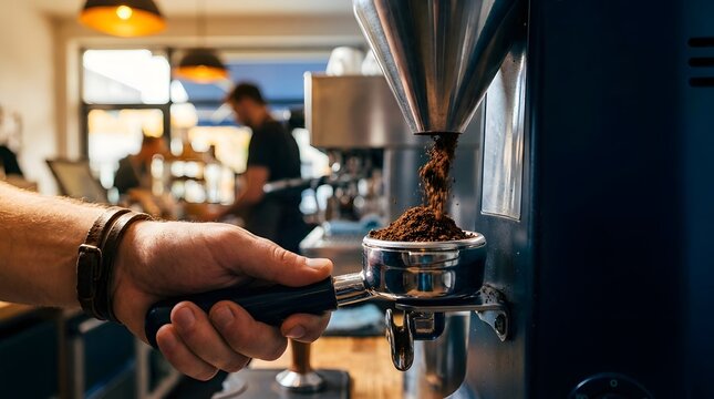 Barista grinding fresh coffee beans into portafilter in busy coffee shop interior.