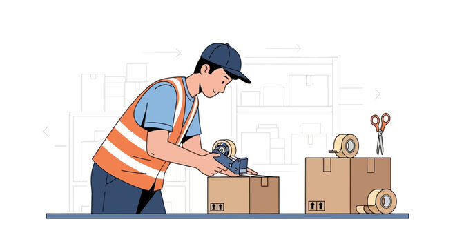 Delivery worker packing boxes with tape, logistics and shipping concept