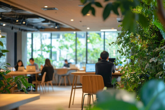 Modern eco-friendly coworking space with people working, Generative AI.
植物の多いモダンなコワーキングスペースで働く人々、生成AI