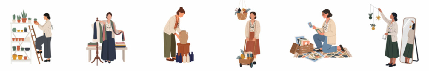 Fototapeta premium Set of illustrated women working in various creative retail environments like plant shops, boutiques, art galleries, and home decor stores.